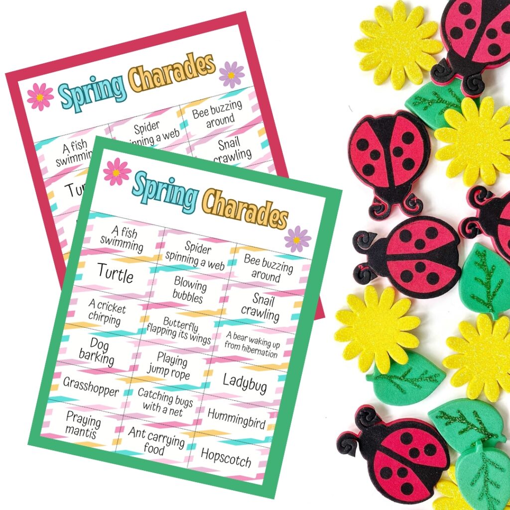 Preview of two printable pages of spring prompts for a kids acting and guessing game. Ladybugs, suns, and leaves decorate the right hand side.