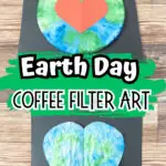 Top photo shows a globe coffee filter with red heart glued on it. Bottom photo shows blue and green colored coffee filter cut into heart shape and put on black paper.