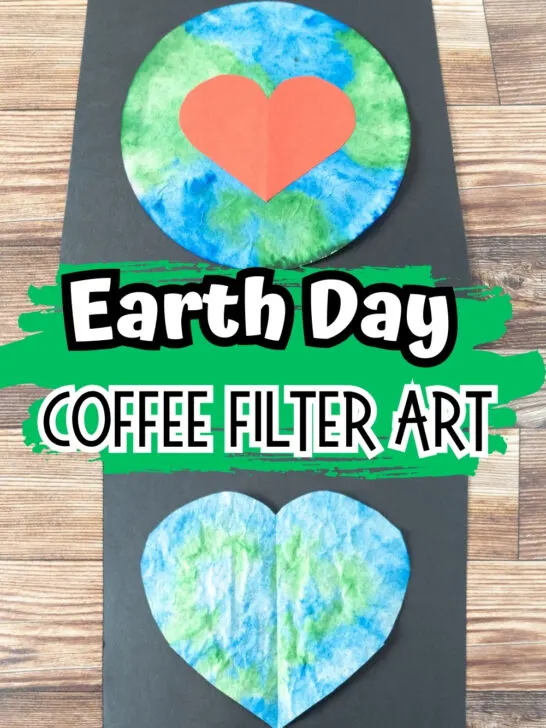 Top photo shows a globe coffee filter with red heart glued on it. Bottom photo shows blue and green colored coffee filter cut into heart shape and put on black paper.