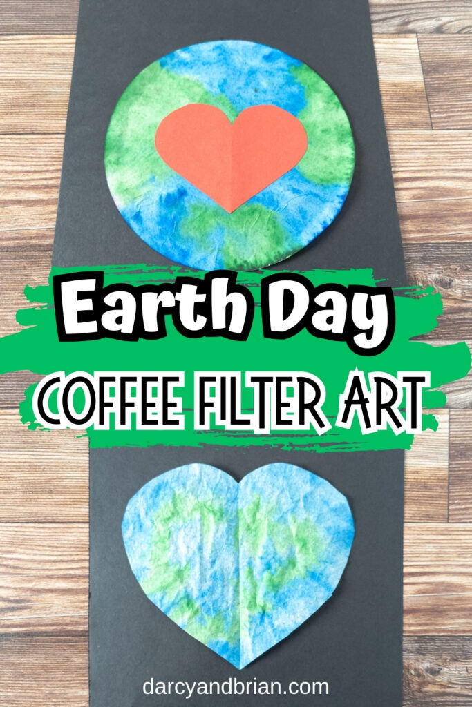 Top photo shows a globe coffee filter with red heart glued on it. Bottom photo shows blue and green colored coffee filter cut into heart shape and put on black paper.