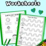 White and black text at the top says Earth Day Worksheets. Preview of a line tracing page and word tracing page on top of green paper on a light blue background.