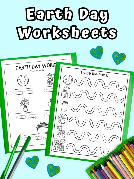 White and black text at the top says Earth Day Worksheets. Preview of a line tracing page and word tracing page on top of green paper on a light blue background.