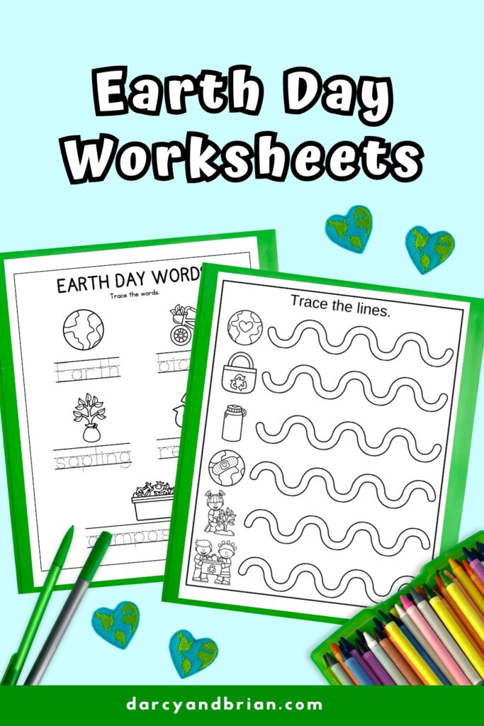 White and black text at the top says Earth Day Worksheets. Preview of a line tracing page and word tracing page on top of green paper on a light blue background.