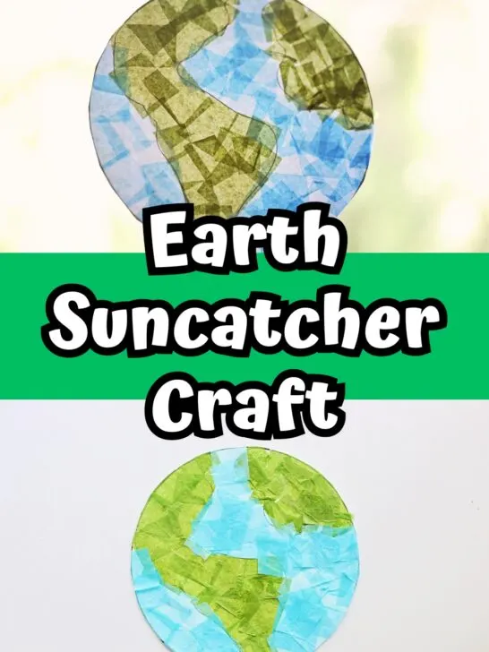 Top photo of Earth suncatcher in sunny window. The bottom one is a completed project lying on a white background.