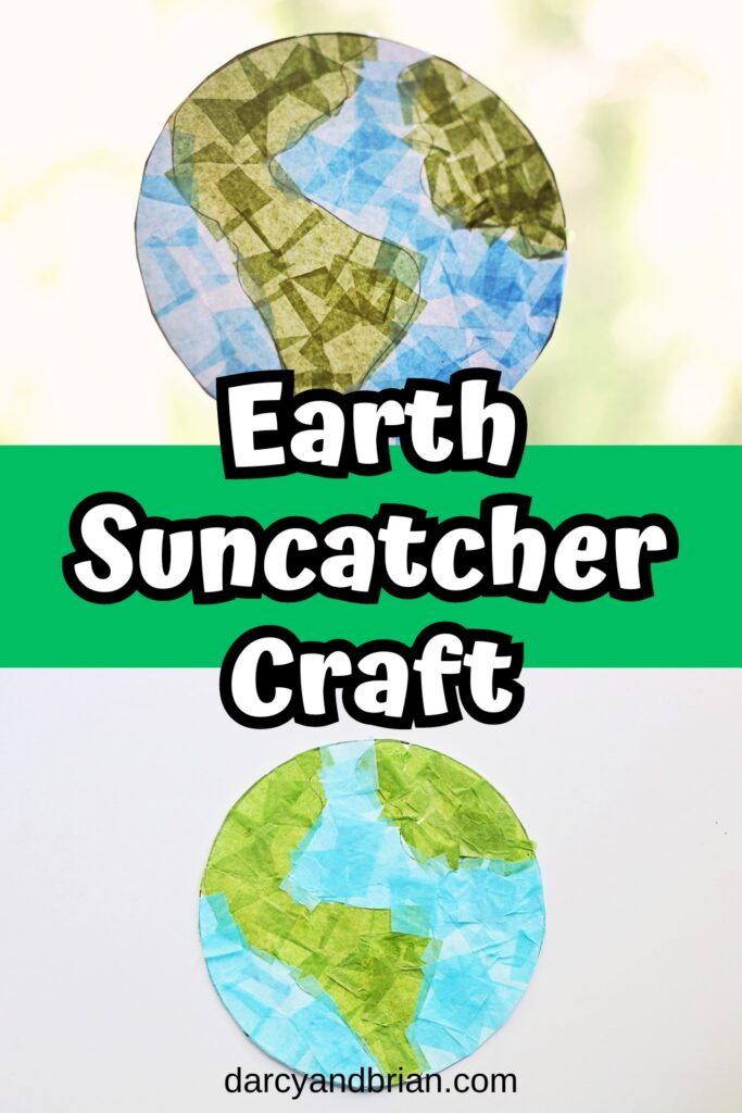 Top photo of Earth suncatcher in sunny window. The bottom one is a completed project lying on a white background.