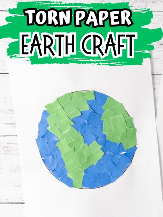 Paper Earth craft made using ripped up construction paper glued to a printable template.