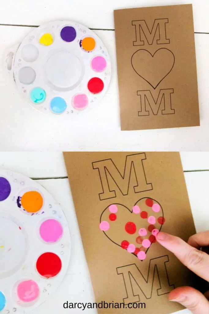 The top image shows one card printed on gold cardstock next to the paint palette. Bottom shows applying red and pink paint to the heart with finger.
