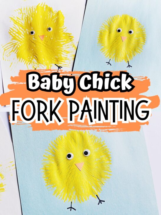 Top shows two different baby chickens painted with a fork. One on white paper and one on blue paper. Text in center says Baby Chick Fork Painting. Bottom photo shows close up of little biddy on blue paper.