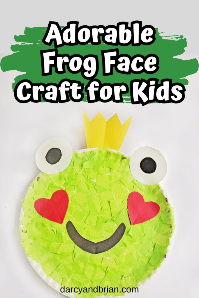 Finished craft to make a cute face of a frog using a paper plate and tissue paper.