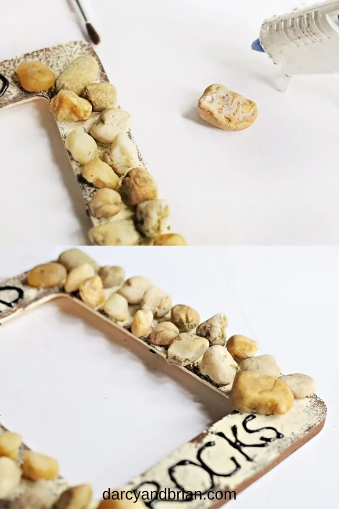 Top part shows glue gun applying glue to back of rock. Bottom shows frame filled with rocks.