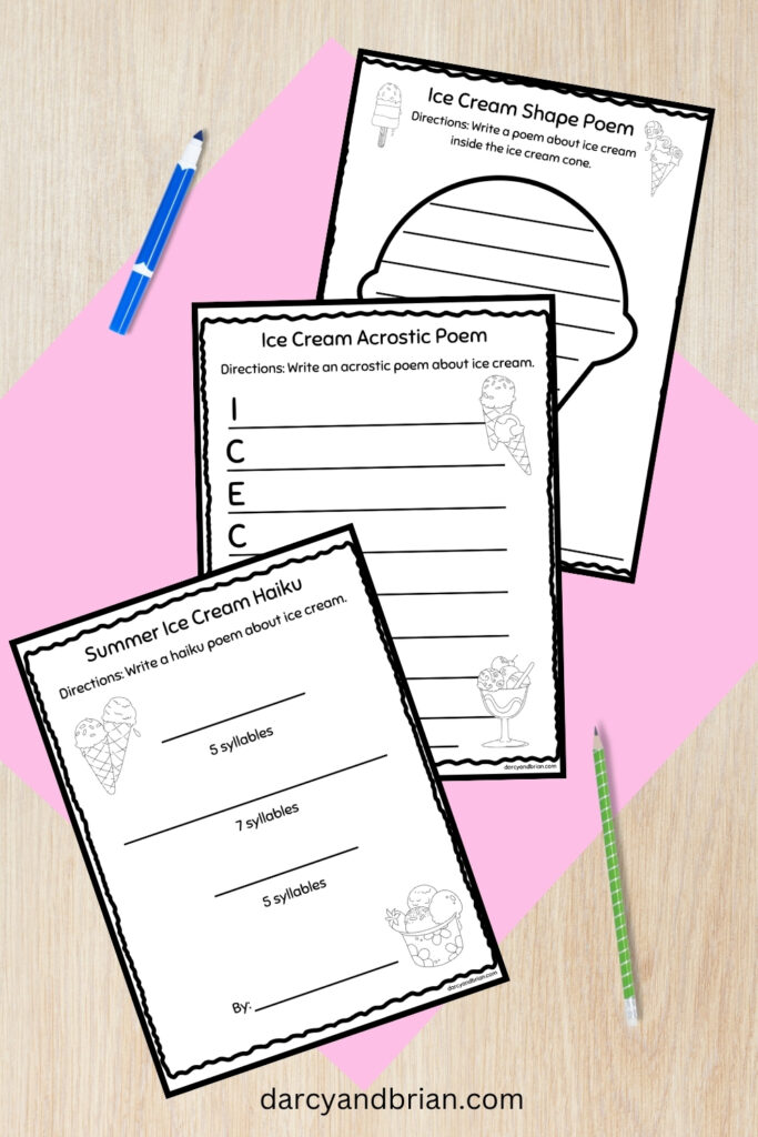 All three ice cream themed poetry writing activity pages fanned out on a desk background with a pencil and blue marker.
