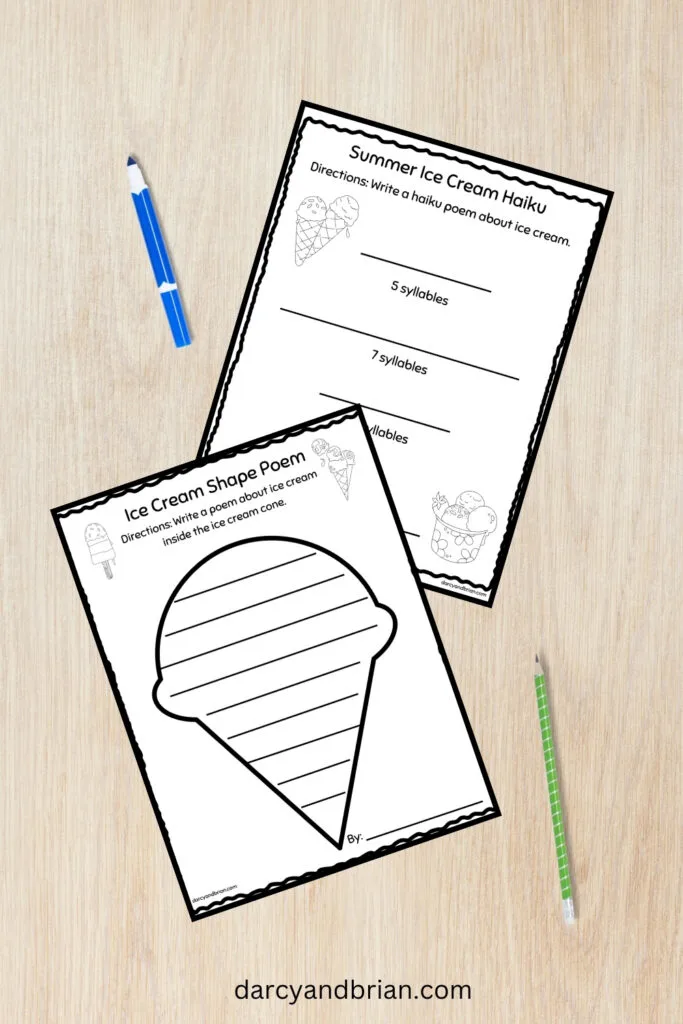 Ice cream cone shape poem and haiku worksheet pages overlapping on a desk background.