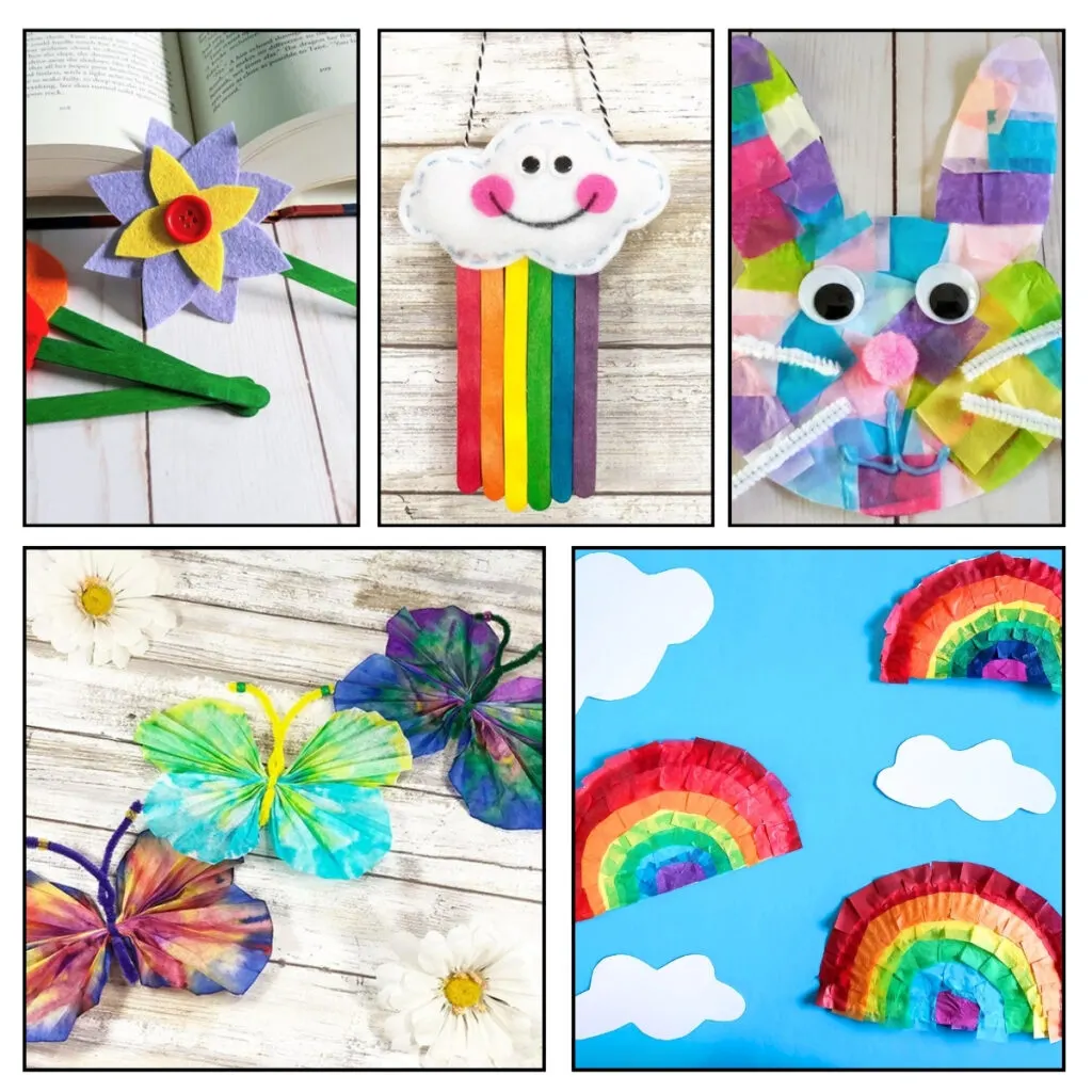 Square image with five different craft ideas for spring: felt flowers, rainbow craft, bunny suncatcher, and coffee filter butterflies.