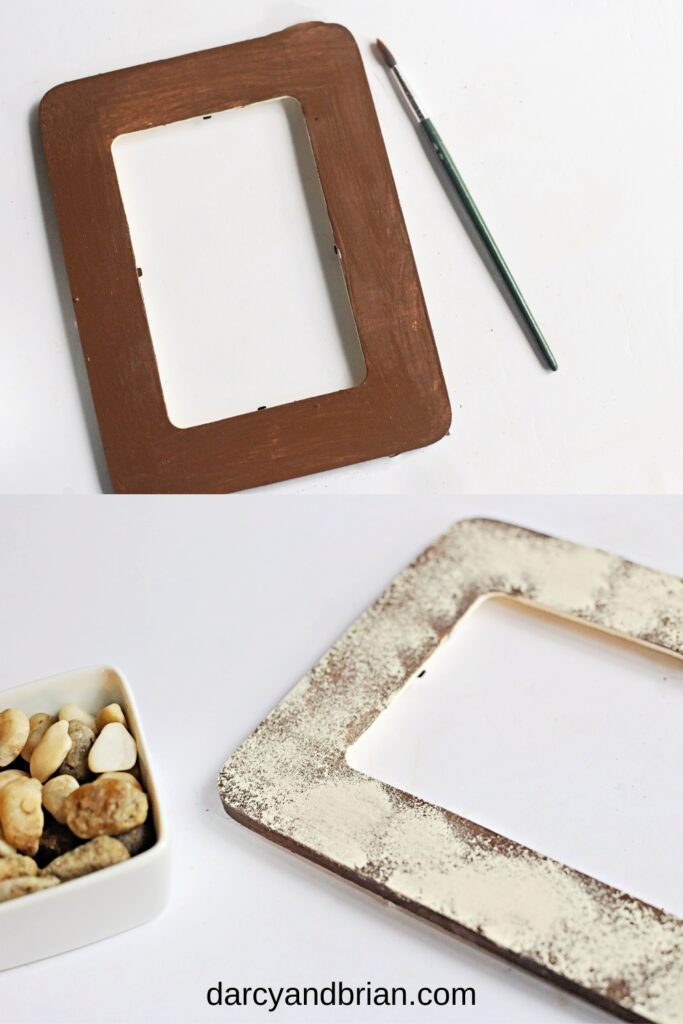 Top image shows frame painted brown. Bottom photograph shows white paint dabbed on the brown to create a texture effect.