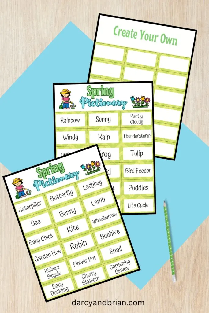 Mockup showing all three printable pages which includes 36 spring-themed words and phrases and one sheet of blank cards.