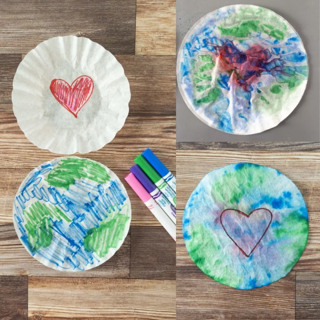 Left side shows two different coffee filters. One colored like Earth and one with a heart in the center. Right side shows process of stacking the filters and getting them wet and the final result.