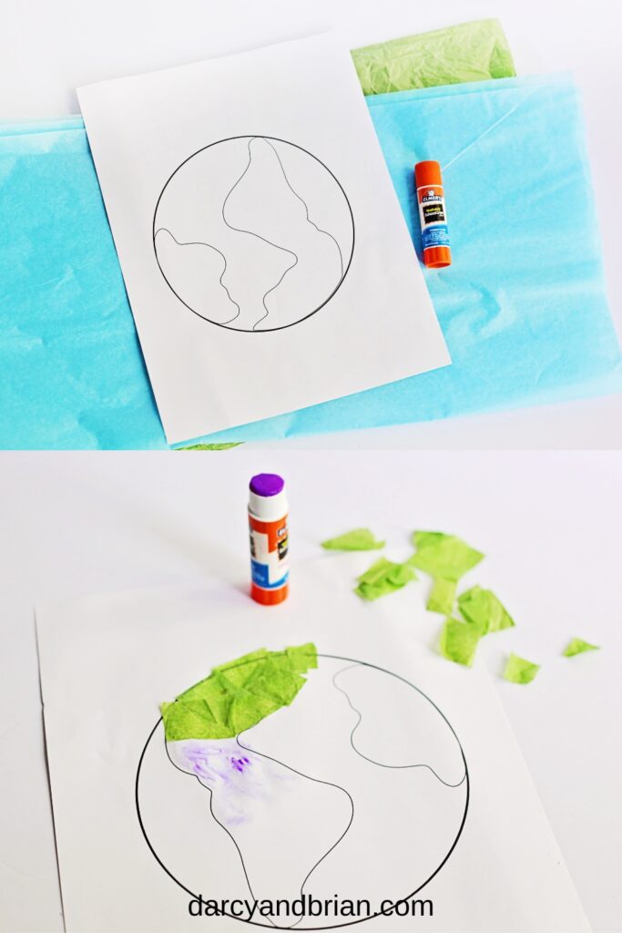 The top photo shows project materials: a craft template, a glue stick, and green and blue tissue paper. The bottom photo shows Earth partially covered with green squares.