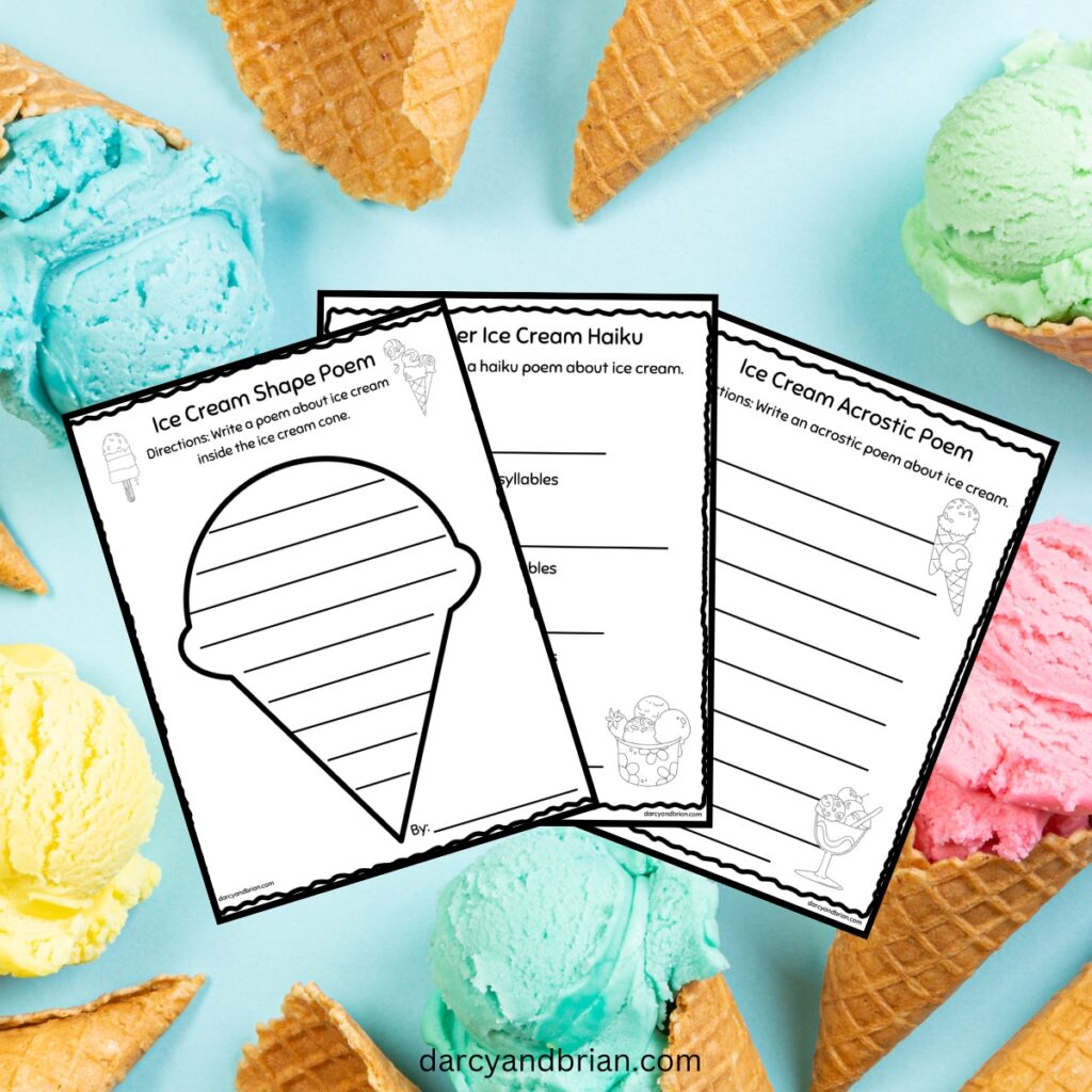 Mock up of all three ice cream themed poem worksheets fanned out over an ice cream cone background.
