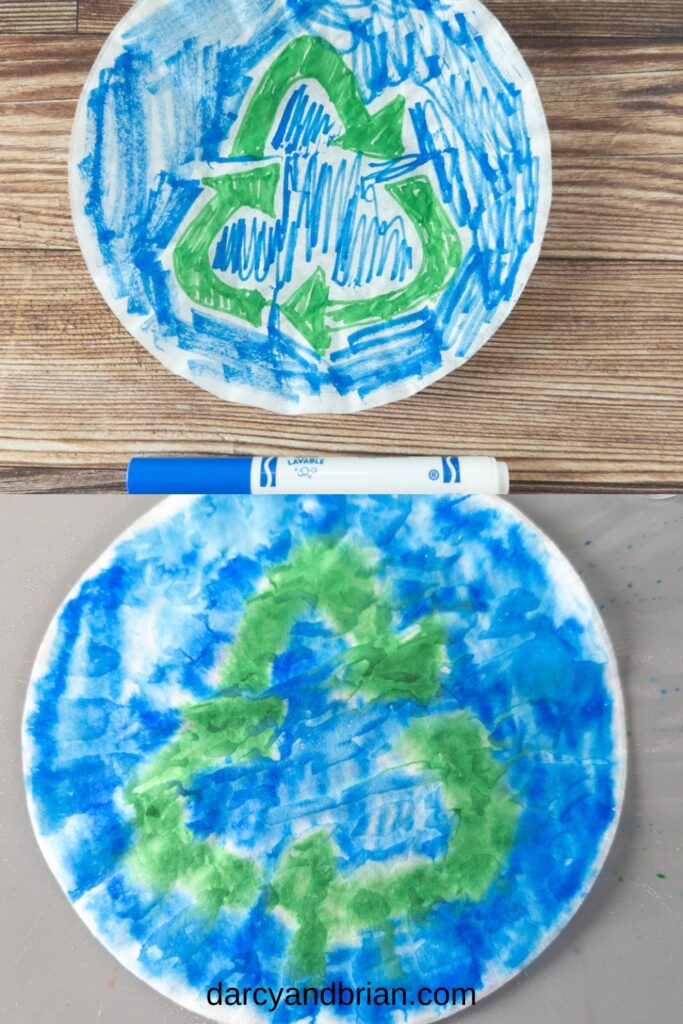 Top image is of coffee filter colored with blue and green markers to represent recycling symbol. Bottom image shows the wet coffee filter after spraying with water to make colors blend.