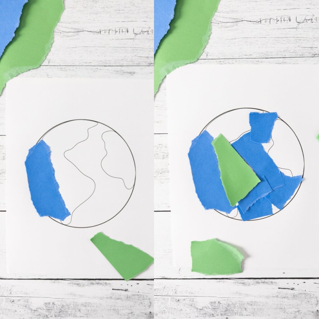 Side by side pictures of blue and green pieces of paper ripped apart and showing progress covering the Earth template.