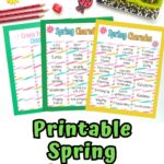 Preview of Spring themed charades printable prompts laying on colored papers. Top is decorated with ladybug and flower erasers and crayons.