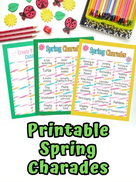 Preview of Spring themed charades printable prompts laying on colored papers. Top is decorated with ladybug and flower erasers and crayons.