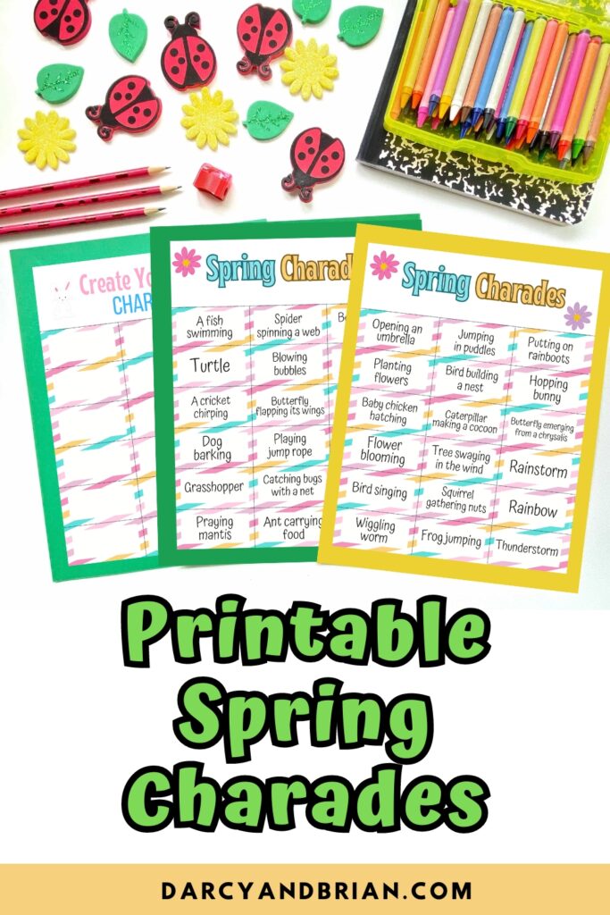Preview of Spring themed charades printable prompts laying on colored papers. Top is decorated with ladybug and flower erasers and crayons.