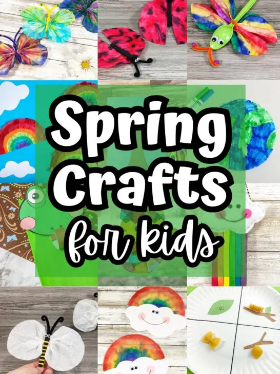 12 image collage of a variety of spring themed craft projects that kids can make. The center says Spring Crafts for Kids in whote text outlined in black with a transparent green square behind it.