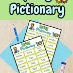 Top says Spring Pictionary in light blue on a green background with flower clipart on each side. Preview of two pages of drawing prompts next to a marker and sand timer.