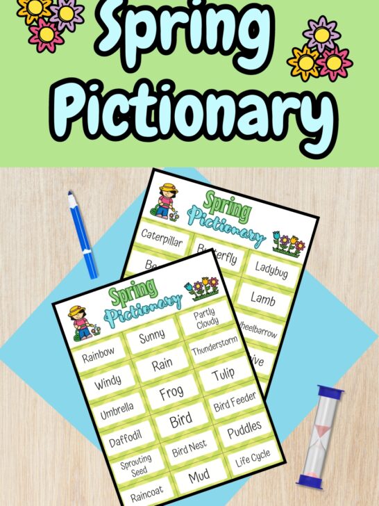 Top says Spring Pictionary in light blue on a green background with flower clipart on each side. Preview of two pages of drawing prompts next to a marker and sand timer.