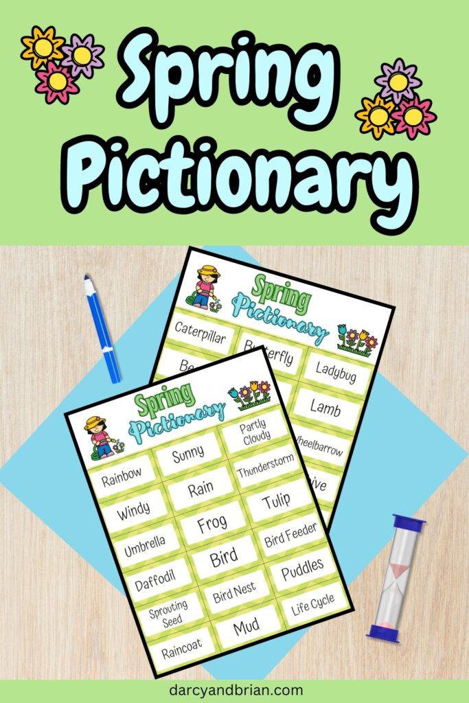 Top says Spring Pictionary in light blue on a green background with flower clipart on each side. Preview of two pages of drawing prompts next to a marker and sand timer.