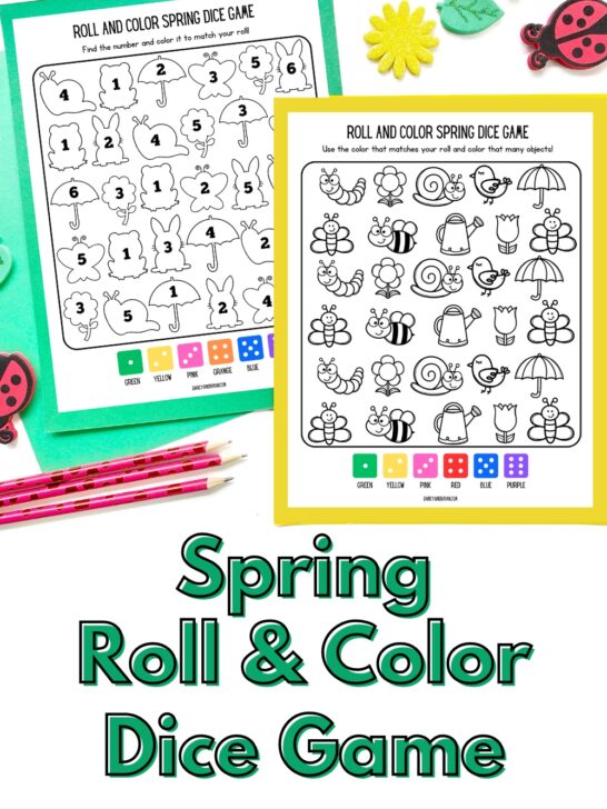 Preview image of the spring themed dice game pages. Ladybug and flower erasers decorate the space around the pages. Green text says spring roll & color dice game.