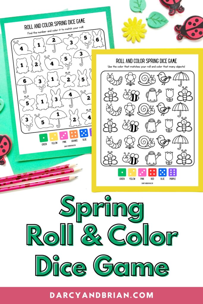 Preview image of the spring themed dice game pages. Ladybug and flower erasers decorate the space around the pages. Green text says spring roll & color dice game.