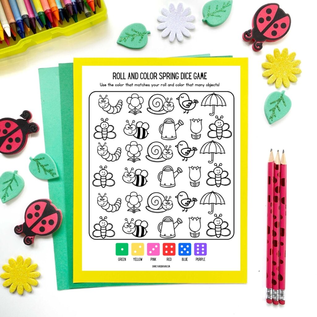 Digital mockup of one page of roll and color math game with spring pictures and a dice color key.
