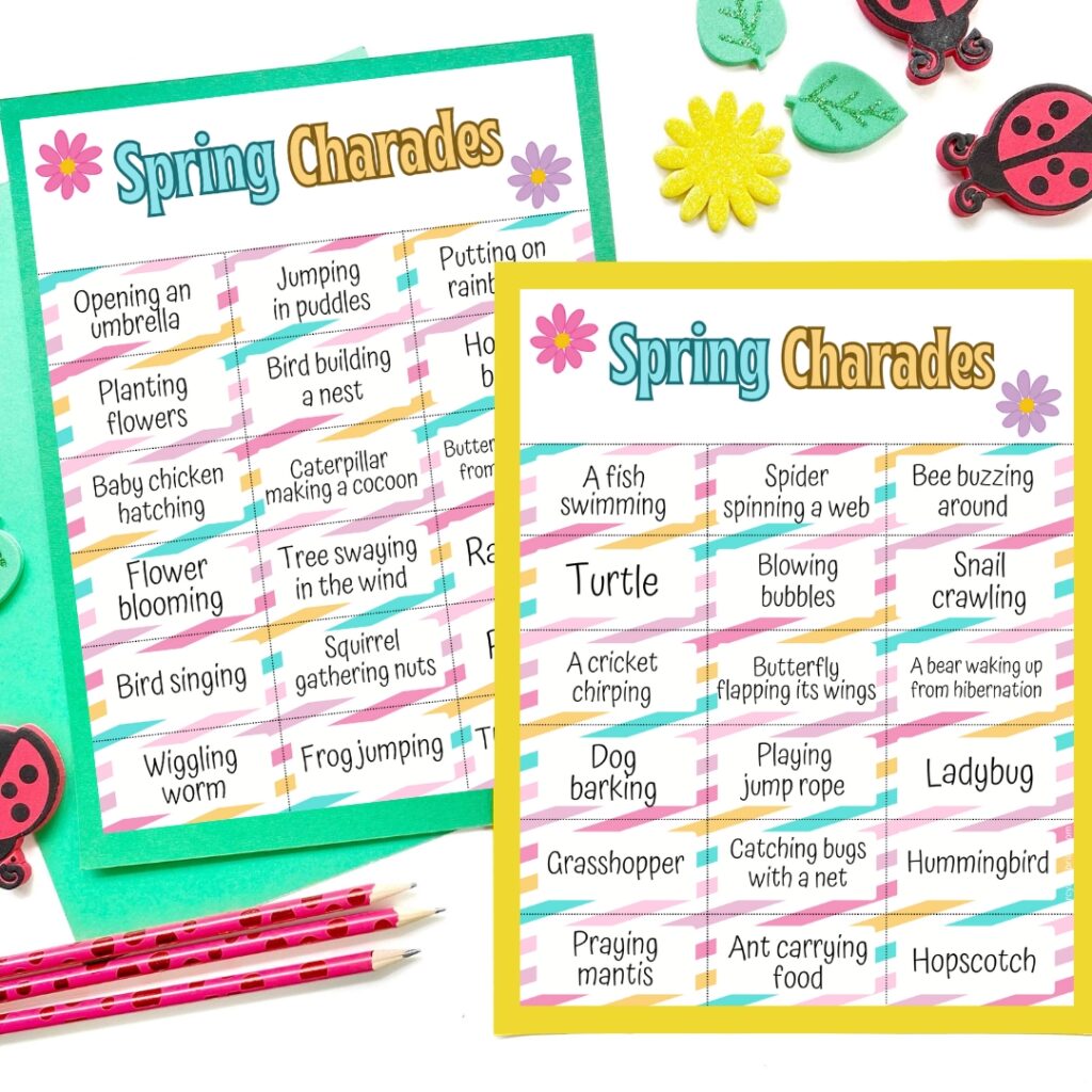 Spring themed word cards for kids' charades game laying on green and yellow paper.