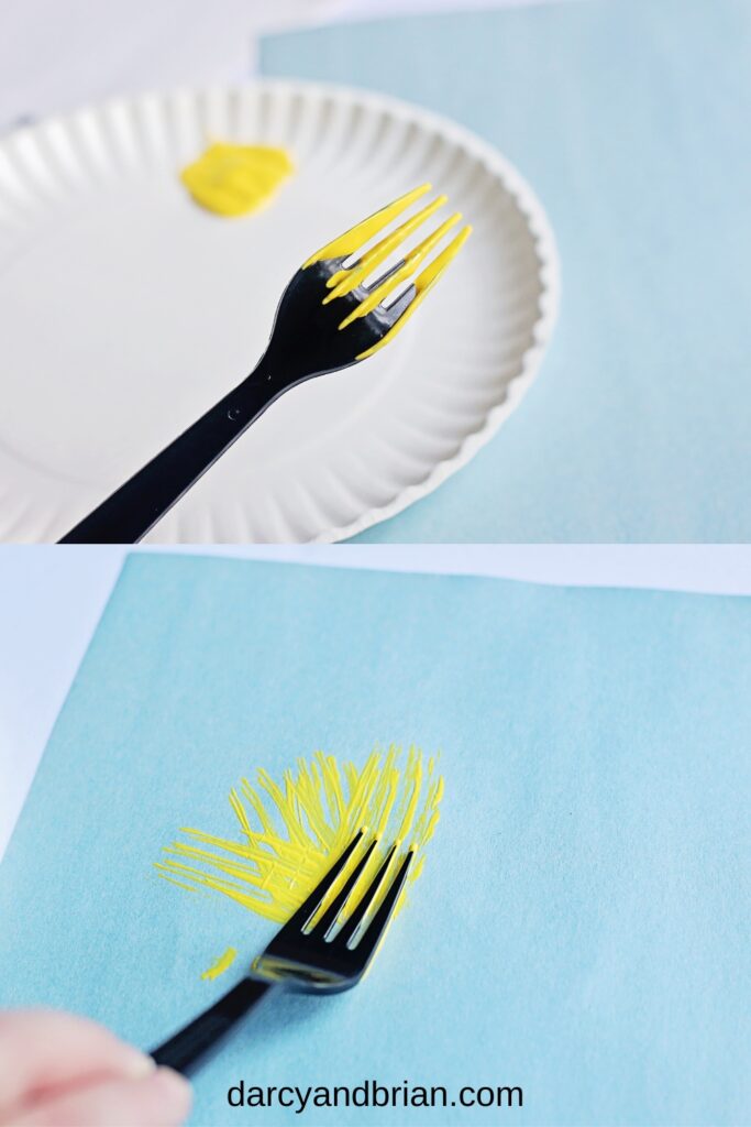 Top shows the back of the fork tines covered in yellow paint. Bottom shows using fork to apply paint to blue paper.