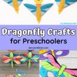 Collage of three different ways to make dragonflies. Featuring coffee filters, paper, and a fun dragonfly mask for kids.