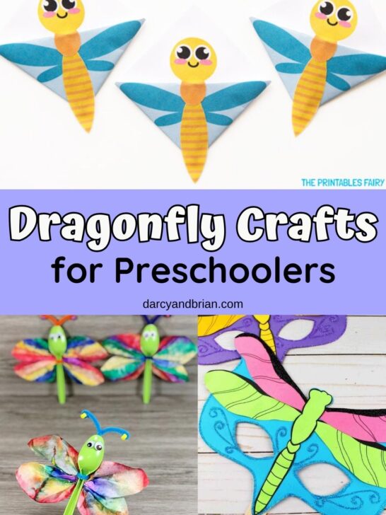 Collage of three different ways to make dragonflies. Featuring coffee filters, paper, and a fun dragonfly mask for kids.