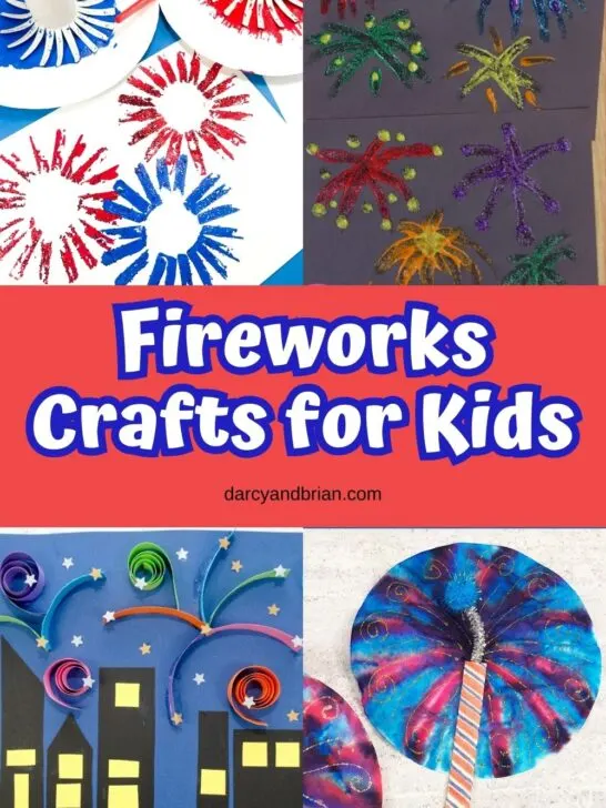 Collage of four different fireworks crafts kids can make. Two featuring painting, one has quilled paper, and another is made with a coffee filter.