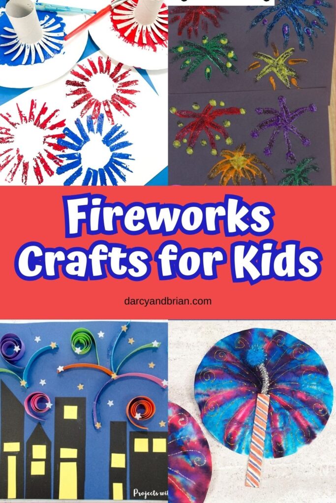 Collage of four different fireworks crafts kids can make. Two featuring painting, one has quilled paper, and another is made with a coffee filter.