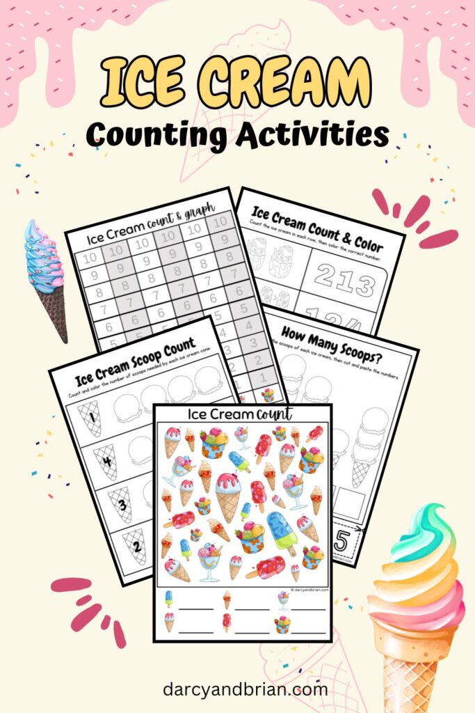 Preview of five math worksheets with an ice cream theme. The background is a light yellow with images of ice cream cones.