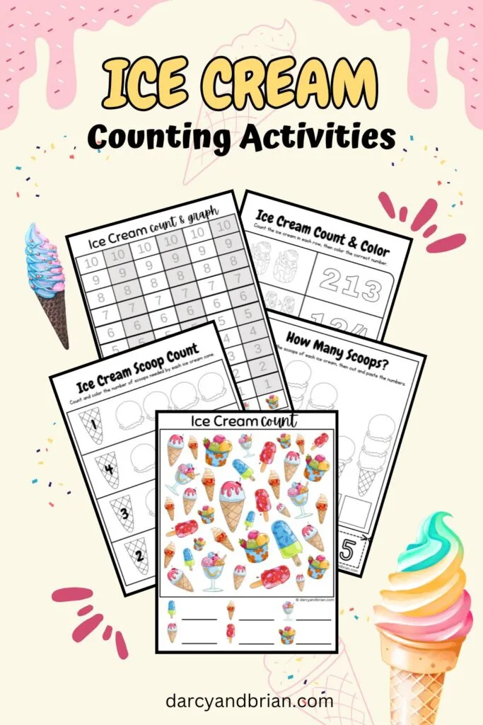 Preview of five math worksheets with an ice cream theme. The background is a light yellow with images of ice cream cones.