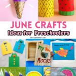 June craft projects collage featuring watermelon, pineapple, ice cream, and homemade gifts for Dad.