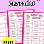 Preview of three pages of printable charades cards with Mother's Day related words on a pink background.