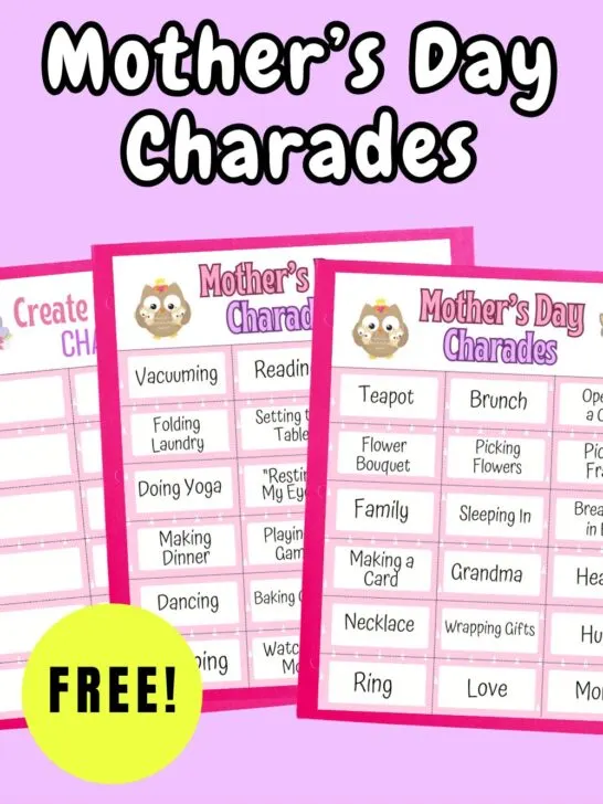 Preview of three pages of printable charades cards with Mother's Day related words on a pink background.