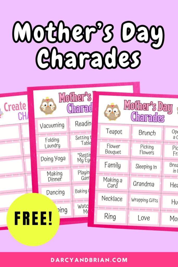 Preview of three pages of printable charades cards with Mother's Day related words on a pink background.