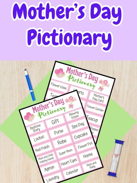 Two pages of Pictionary word cards overlapping on a green paper on a desk. Marker and sand timer laying next to the pages. At the top is dark purple text outlined in white that says Mother's Day Pictionary on a light purple background.