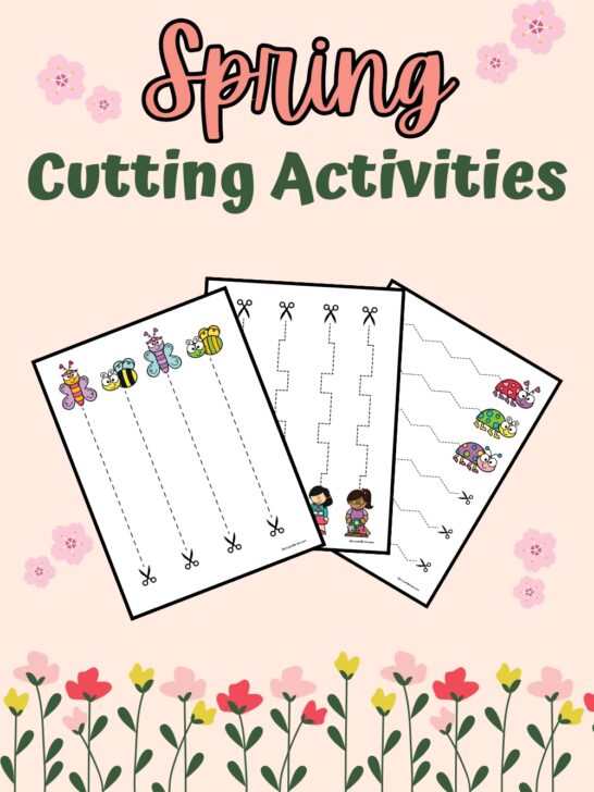 Preview of three pages with dashed lines for scissor practice. Text at top says Spring Cutting Activities. Background is pink with flowers.
