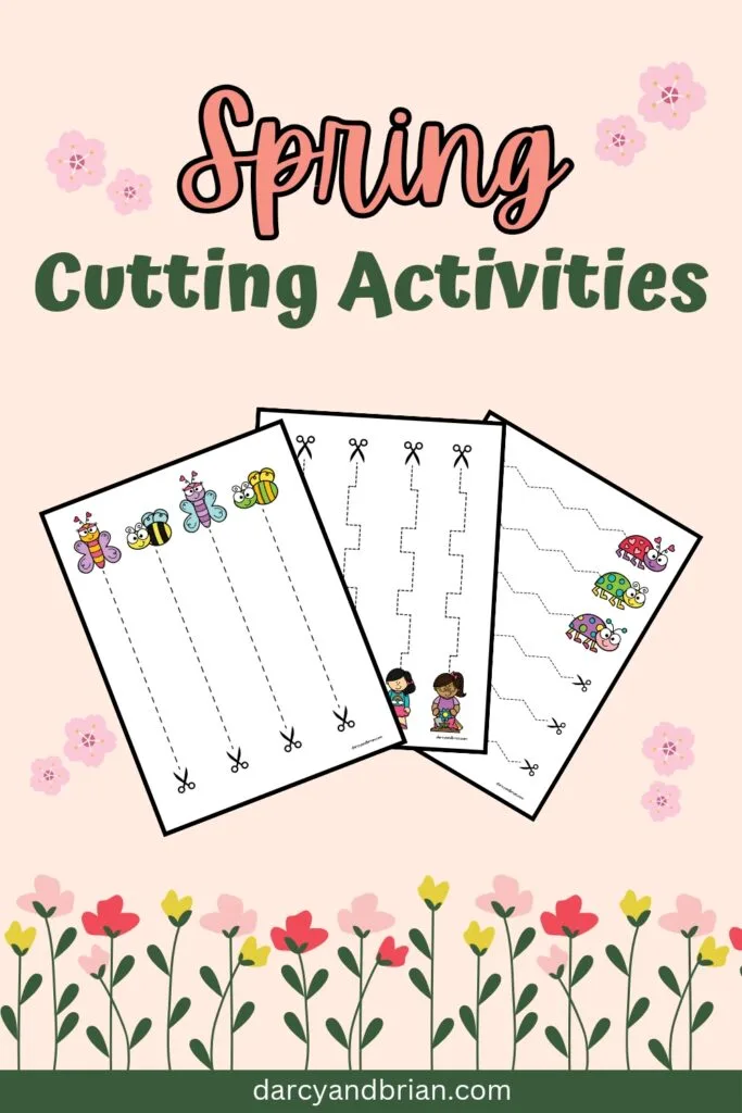 Preview of three pages with dashed lines for scissor practice. Text at top says Spring Cutting Activities. Background is pink with flowers.