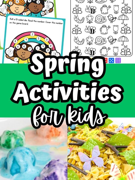 Collage featuring rainbow and spring themed printables, rainbow science experiment, and a butterfly sensory bin. White text on green in the middle says Spring Activities for Kids.